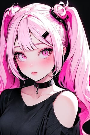 (masterpiece),,(best quality), 
1girl, solo, long hair, looking at viewer, blush, simple background, shirt, hair ornament, bare shoulders, twintails,  upper body, pink hair,  choker, hairclip, pink eyes, off shoulder, black shirt, black background,  multicolored eyes, covering mouth, off-shoulder shirt, 

High detailed ,masterpiece