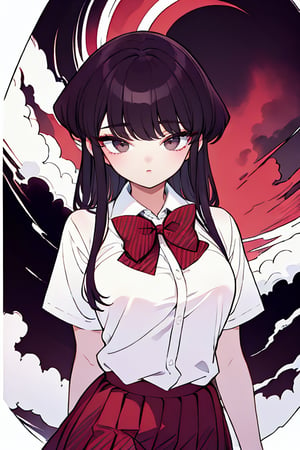  jigoku shoujo, (1girl:1.4),BREAK, 1 girl, portrait, masterpiece, (absurdres, highres, ultra detailed, infrared photography, demon effect:1.2),LINEART, More Detail,

mishaguji, eldritch abomination,mucha art style,bzillust, komi_shouko,

komi shouko, 1girl, solo, long hair, black hair, purple hair, purple eyes, school uniform, white shirt, short sleeves, collared shirt, bowtie, red bow, striped bow, red skirt, shoes, black pantyhose, Standing with hands on the waist, perfect eyes, (upper body:1.4),
(sexy thigh:1.6), brown eyes,DonM0m3g4


The background features a hellish landscape: rivers of lava, jagged rocks, tormented souls, and dark clouds with lightning. Eerie, red and black glows illuminate the scene, capturing the dark and oppressive atmosphere of her dominion.,shadow