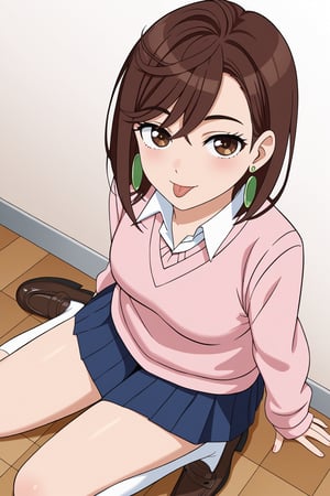 (masterpiece),(best quality), 

(closed mouth:1.1),  tongue out,  :p, akanbe,

skirt, school uniform, pleated skirt, shoes, socks, loafers, sweater vest, (pink sweater:1.5), shirt, white shirt, collared shirt, earrings, (green earrings:1.2), white stockings, blue skirt , (brown hair:1.2) brown eyes, big legs, sexy legs,