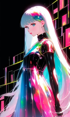(masterpiece),(best quality), 

1girl, solo, long hair, looking at viewer, simple background, upper body, white hair, blunt bangs, lips, black background,  white hair, pink hair,

dress hologram, bioluminescent liquid,Anime 