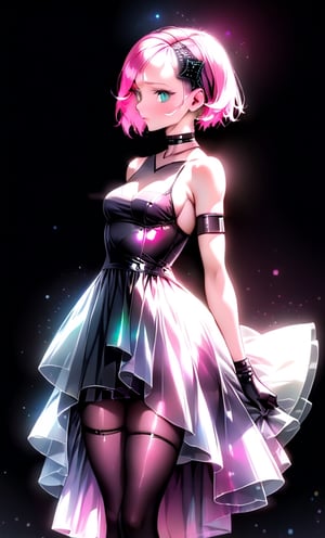 (masterpiece),(best quality), 

black background,  white hair, pink hair,

dress hologram, bioluminescent liquid,Anime 


1girl, solo, short hair, gloves, dress, cleavage, bare shoulders, jewelry, medium breasts, collarbone, upper body, hairband, choker, elbow gloves, blurry, black dress, strapless, fishnets, strapless dress,