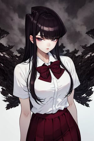  jigoku shoujo, (1girl:1.1),BREAK, 1 girl, portrait, masterpiece, (absurdres, highres, ultra detailed, infrared photography, demon effect:1.2),LINEART, More Detail,

mishaguji, eldritch abomination,mucha art style,bzillust, komi_shouko,

komi shouko, 1girl, solo, long hair, black hair, purple hair, purple eyes, school uniform, white shirt, short sleeves, collared shirt, bowtie, red bow, striped bow, red skirt, shoes, black pantyhose, Standing with hands on the waist, perfect eyes, (upper body:1.4),
(sexy thigh:1.6), 
