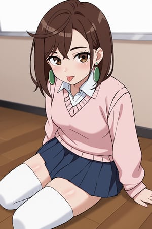 (masterpiece),(best quality), 

(closed mouth:1.1),  tongue out,  :p, akanbe,

skirt, school uniform, pleated skirt, shoes, socks, loafers, sweater vest, (pink sweater:1.5), shirt, white shirt, collared shirt, earrings, (green earrings:1.2), white stockings, blue skirt , (brown hair:1.2) brown eyes, 
