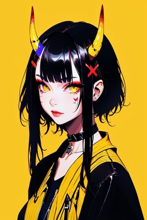 (masterpiece),,(best quality), 


1girl, solo, looking at viewer, short hair, black hair, hair ornament, horns, choker, yellow eyes, makeup, colored skin, facial mark, x hair ornament, portrait, short hair with long locks, yellow background 