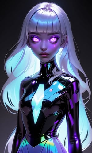 (masterpiece),(best quality), 

1girl, solo, long hair, looking at viewer, simple background, closed mouth, blue hair, upper body, white hair, blunt bangs, lips, glowing, colored skin, black background, portrait, white eyes, no pupils, purple skin,  

hologram skirt,portrait,(dress hologram:1.2), bioluminescent liquid