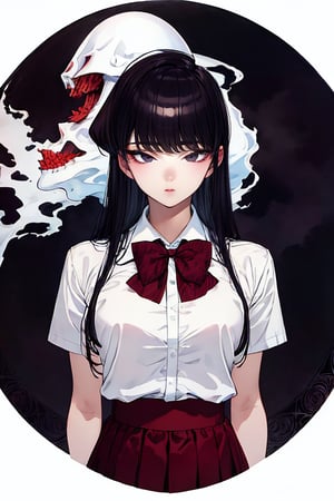 1 girl,solo, portrait, masterpiece, (absurdres, highres, ultra detailed, infrared photography, ghostly effect:1.2),LINEART, More Detail,

mishaguji, eldritch abomination,mucha art style,bzillust, komi_shouko,

komi shouko, 1girl, solo, long hair, black hair, purple hair, purple eyes, school uniform, white shirt, short sleeves, collared shirt, bowtie, red bow, striped bow, red skirt, shoes, black pantyhose, Standing with hands on the waist, perfect eyes, (portrait, upper body:1.4),
(big legs:1.2), 
