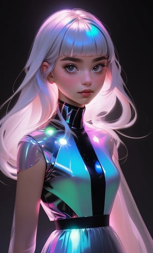 (masterpiece),(best quality), 

1girl, solo, long hair, looking at viewer, simple background, closed mouth, upper body, white hair, blunt bangs, lips, black background, portrait, 

hologram skirt,portrait,(dress hologram:1.2), bioluminescent liquid