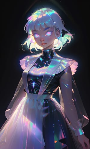 (masterpiece),(best quality), 

1girl, solo, looking at viewer, blue eyes, simple background, closed mouth, white hair, medium hair, lips, glowing, black background, portrait, glowing eyes, freckles


hologram skirt,portrait,(dress hologram:1.2), bioluminescent liquid