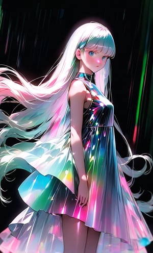 (masterpiece),(best quality), 

1girl, solo, long hair, looking at viewer, simple background, upper body, white hair, blunt bangs, lips, black background,  white hair, pink hair, white  dress, pink dress, blue dress, green dress, white dress,

dress hologram, bioluminescent liquid,Anime 