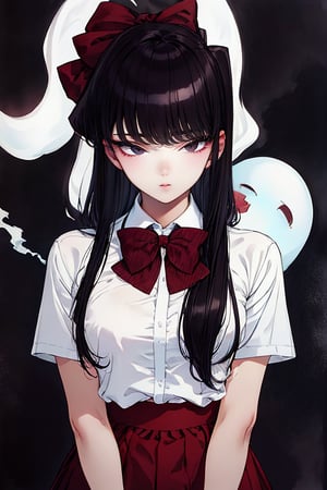 1 girl,solo, portrait, masterpiece, (absurdres, highres, ultra detailed, infrared photography, ghostly effect:1.2),LINEART, More Detail,

mishaguji, eldritch abomination,mucha art style,bzillust, komi_shouko,

komi shouko, 1girl, solo, long hair, black hair, purple hair, purple eyes, school uniform, white shirt, short sleeves, collared shirt, bowtie, red bow, striped bow, red skirt, shoes, black pantyhose, Standing with hands on the waist, perfect eyes, (portrait, upper body:1.4),
(big legs:1.2), 
