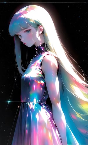(masterpiece),(best quality), 

1girl, solo, long hair, looking at viewer, simple background, upper body, white hair, blunt bangs, lips, black background, portrait, 

(dress hologram:1.2), bioluminescent liquid,Anime 