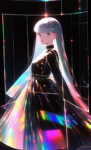 (masterpiece),(best quality), 

1girl, solo, long hair, looking at viewer, simple background, upper body, white hair, blunt bangs, lips, black background, portrait, 

hologram skirt,portrait,(dress hologram:1.2), bioluminescent liquid,Anime 