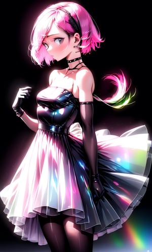 (masterpiece),(best quality), 

black background,  white hair, pink hair,

dress hologram, bioluminescent liquid,Anime 


1girl, solo, short hair, gloves, dress, cleavage, bare shoulders, jewelry, medium breasts, collarbone, upper body, hairband, choker, elbow gloves, blurry, black dress, strapless, fishnets, strapless dress,