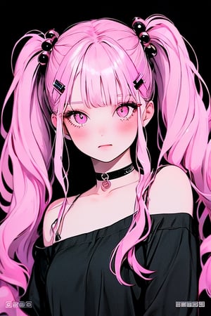 (masterpiece),,(best quality), 
1girl, solo, long hair, looking at viewer, blush, simple background, shirt, hair ornament, bare shoulders, twintails,  upper body, pink hair,  choker, hairclip, pink eyes, off shoulder, black shirt, black background,  multicolored eyes, covering mouth, off-shoulder shirt, 

High detailed ,masterpiece