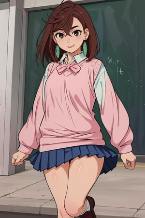 (masterpiece),(best quality), 

(closed mouth:1.1),  tongue out,  :p, akanbe,

skirt, school uniform, pleated skirt, shoes, socks, loafers, sweater vest, (pink sweater:1.5), shirt, white shirt, collared shirt, earrings, (green earrings:1.2), white stockings, blue skirt , (brown hair:1.2) brown eyes, 
