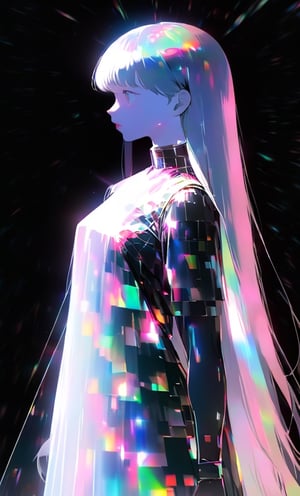 (masterpiece),(best quality), 

1girl, solo, long hair, looking at viewer, simple background, upper body, white hair, blunt bangs, lips, black background, portrait, 

(dress hologram:1.2), bioluminescent liquid,Anime 