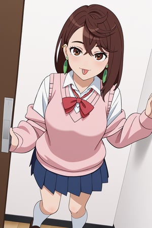 (masterpiece),(best quality), 

(closed mouth:1.1),  tongue out,  :p, akanbe,

skirt, school uniform, pleated skirt, shoes, socks, loafers, sweater vest, (pink sweater:1.5), shirt, white shirt, collared shirt, earrings, (green earrings:1.2), white stockings, blue skirt , (brown hair:1.2) brown eyes, 
