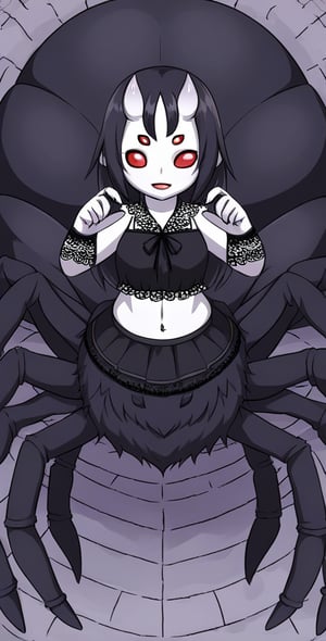 (Arachne Taur Spider Body:1.3),skirt, (hairy spider:1.2)
pale demon girl, black lace blouse, gothic background, straight horns , multiple eyes, 

dinamic pose, from above,solo,best quality,masterpiece,1girl, 