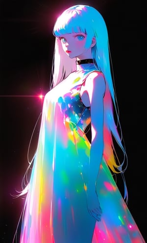 (masterpiece),(best quality), 

1girl, solo, long hair, looking at viewer, simple background, upper body, white hair, blunt bangs, lips, black background, 

dress hologram, bioluminescent liquid,Anime 