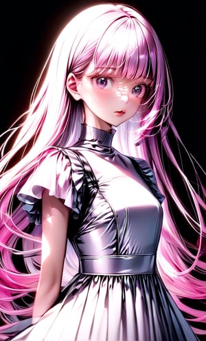 (masterpiece),(best quality), 

1girl, solo, long hair, looking at viewer, simple background, upper body, white hair, blunt bangs, lips, black background,  white hair, pink hair, white  dress, pink dress,  white dress,

dress hologram, bioluminescent liquid,Anime 