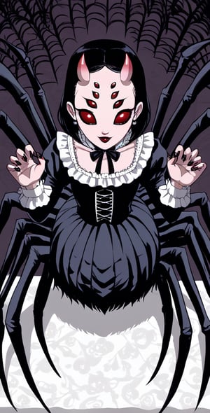 (Arachne Taur Spider Body:1.3),skirt, (hairy spider:1.2)
pale demon girl, black lace blouse, gothic background, straight horns , multiple eyes, 

dinamic pose, from above,solo,best quality,masterpiece,1girl, 