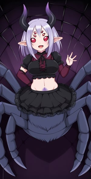 (Arachne Taur Spider Body:1.3),skirt, (hairy spider:1.2)
pale demon girl, black lace blouse, gothic background, straight horns , multiple eyes, 

dinamic pose, from above,solo,best quality,masterpiece,1girl, 