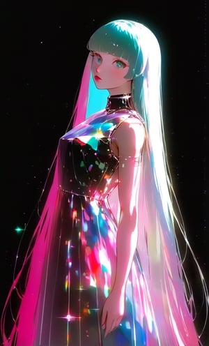 (masterpiece),(best quality), 

1girl, solo, long hair, looking at viewer, simple background, upper body, white hair, blunt bangs, lips, black background,  white hair, pink hair,

dress hologram, bioluminescent liquid,Anime 