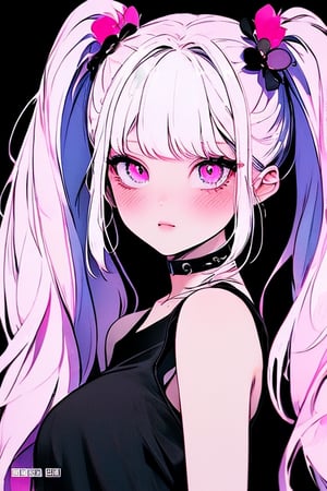 (masterpiece),,(best quality), 
1girl, solo, long hair, looking at viewer, blush, simple background, shirt, hair ornament, bare shoulders, twintails,  upper body, pink hair,  choker, hairclip, pink eyes, off shoulder, black shirt, black background,  multicolored eyes, covering mouth, off-shoulder shirt, 

High detailed ,masterpiece
