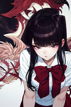  jigoku shoujo, (1girl:1.1),BREAK, 1 girl, portrait, masterpiece, (absurdres, highres, ultra detailed, infrared photography, demon effect:1.2),LINEART, More Detail,

mishaguji, eldritch abomination,mucha art style,bzillust, komi_shouko,

komi shouko, 1girl, solo, long hair, black hair, purple hair, purple eyes, school uniform, white shirt, short sleeves, collared shirt, bowtie, red bow, striped bow, red skirt, shoes, black pantyhose, Standing with hands on the waist, perfect eyes, (upper body:1.4),
(sexy thigh:1.6), 
