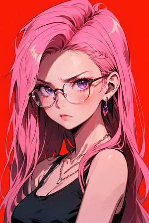 (masterpiece),,(best quality), 

1girl, solo, long hair, looking at viewer, simple background, red eyes, cleavage, bare shoulders, jewelry, closed mouth, upper body, pink hair, earrings, glasses, pink eyes, necklace, frown, tank top, red background