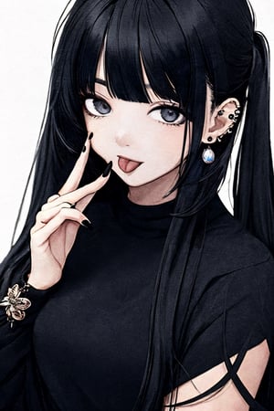 (masterpiece),(best quality), 

(closed mouth:1.1), upper body, ahoge,  (hand up:1.2), tongue out,  :p, akanbe,

1girl, solo, long hair, looking at viewer, simple background, black hair, long sleeves, twintails, jewelry, closed mouth, earrings, tongue, tongue out, blunt bangs, nail polish, mole, sleeves past wrists, grey eyes, mole under eye, piercing, black background, ear piercing, portrait, black nails