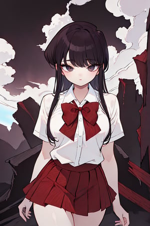  jigoku shoujo, (1girl:1.4),BREAK, 1 girl, portrait, masterpiece, (absurdres, highres, ultra detailed, infrared photography, demon effect:1.2),LINEART, More Detail,

mishaguji, eldritch abomination,mucha art style,bzillust, komi_shouko,

komi shouko, 1girl, solo, long hair, black hair, purple hair, purple eyes, school uniform, white shirt, short sleeves, collared shirt, bowtie, red bow, striped bow, red skirt, shoes, black pantyhose, Standing with hands on the waist, perfect eyes, (upper body:1.4),
(sexy thigh:1.6), brown eyes,DonM0m3g4


The background features a hellish landscape: rivers of lava, jagged rocks, tormented souls, and dark clouds with lightning. Eerie, red and black glows illuminate the scene, capturing the dark and oppressive atmosphere of her dominion.,shadow