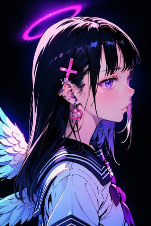 (masterpiece),,(best quality), 

1girl, solo, long hair, looking at viewer, simple background, shirt, black hair, hair ornament, jewelry, school uniform, upper body, earrings, wings, serafuku, pink eyes, sailor collar, from side, looking to the side, black shirt, glowing, halo, mouth hold, piercing, x hair ornament, black background, ear piercing, feathered wings, , black sailor collar, angel wings, black serafuku, white wings,  angel, sideways glance