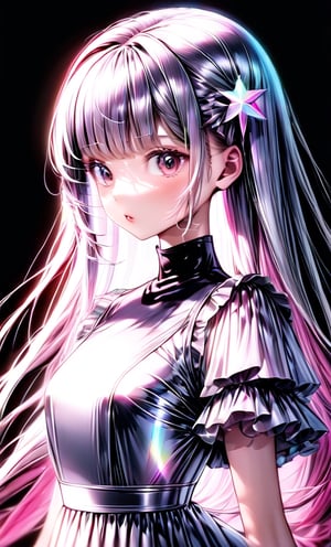 (masterpiece),(best quality), 

1girl, solo, long hair, looking at viewer, simple background, upper body, white hair, blunt bangs, lips, black background,  white hair, pink hair, white  dress, pink dress,  white dress,

dress hologram, bioluminescent liquid,Anime, hologram dress,