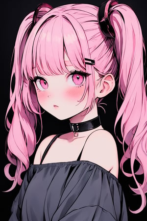 (masterpiece),,(best quality), 
1girl, solo, long hair, looking at viewer, blush, simple background, shirt, hair ornament, bare shoulders, twintails,  upper body, pink hair,  choker, hairclip, pink eyes, off shoulder, black shirt, black background,  multicolored eyes, covering mouth, off-shoulder shirt, 

High detailed ,masterpiece