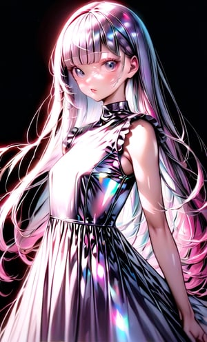 (masterpiece),(best quality), 

1girl, solo, long hair, looking at viewer, simple background, upper body, white hair, blunt bangs, lips, black background,  white hair, pink hair, white  dress, pink dress,  white dress,

dress hologram, bioluminescent liquid,Anime, hologram dress,Anime 