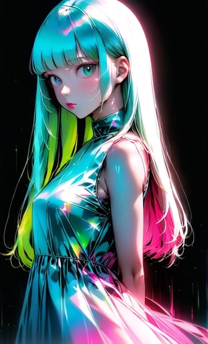 (masterpiece),(best quality), 

1girl, solo, long hair, looking at viewer, simple background, upper body, white hair, blunt bangs, lips, black background,  white hair, pink hair, white  dress, pink dress, blue dress, green dress, white dress,

dress hologram, bioluminescent liquid,Anime 