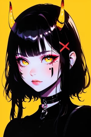 (masterpiece),,(best quality), 


1girl, solo, looking at viewer, short hair, black hair, hair ornament, horns, choker, yellow eyes, makeup, colored skin, facial mark, x hair ornament, portrait, short hair with long locks, yellow background, 