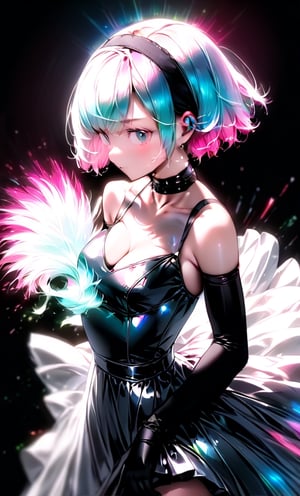 (masterpiece),(best quality), 

black background,  white hair, pink hair,
1girl, solo, short hair, gloves, cleavage, bare shoulders,  upper body, hairband, choker, elbow gloves, blurry, black dress,  face detailed

dress hologram, bioluminescent liquid,Anime 
