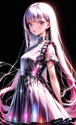 (masterpiece),(best quality), 

1girl, solo, long hair, looking at viewer, simple background, upper body, white hair, blunt bangs, lips, black background,  white hair, pink hair, white  dress, pink dress,  white dress,

dress hologram, bioluminescent liquid,Anime, hologram dress,Anime 