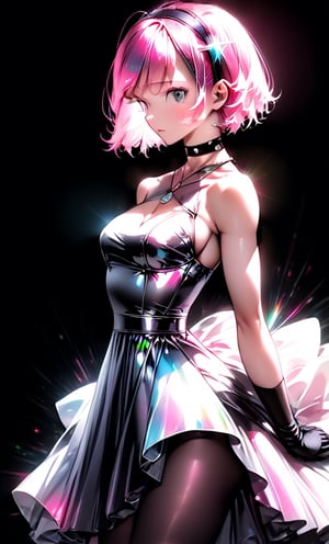 (masterpiece),(best quality), 

black background,  white hair, pink hair,
1girl, solo, short hair, gloves, cleavage, bare shoulders,  upper body, hairband, choker, elbow gloves, blurry, black dress,  face detailed

dress hologram, bioluminescent liquid,Anime 
