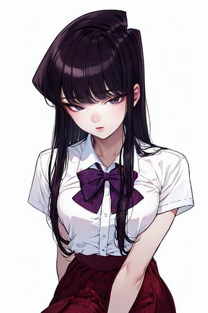 1 girl,solo, portrait, masterpiece, (absurdres, highres, ultra detailed, infrared photography, demon effect:1.1),LINEART, More Detail,

mishaguji, eldritch abomination,mucha art style,bzillust, komi_shouko,

komi shouko, 1girl, solo, long hair, black hair, purple hair, purple eyes, school uniform, white shirt, short sleeves, collared shirt, bowtie, red bow, striped bow, red skirt, shoes, black pantyhose, Standing with hands on the waist, perfect eyes, (portrait, upper body:1.4),
(sexy thigh:1.6), complex_background, complicated_background
