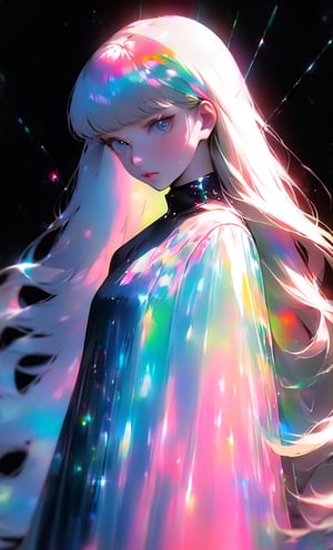 (masterpiece),(best quality), 

1girl, solo, long hair, looking at viewer, simple background, upper body, white hair, blunt bangs, lips, black background, portrait, 

(dress hologram:1.2), bioluminescent liquid,Anime 