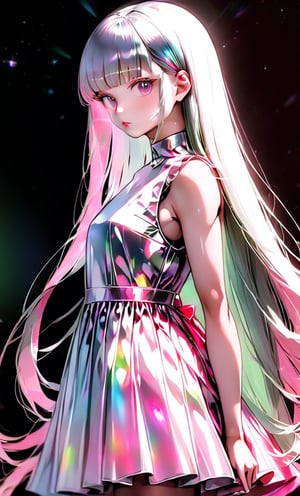 (masterpiece),(best quality), 

1girl, solo, long hair, looking at viewer, simple background, upper body, white hair, blunt bangs, lips, black background,  white hair, pink hair, white  dress, pink dress,  white dress,

dress hologram, bioluminescent liquid,Anime 