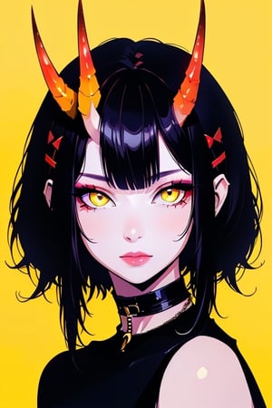 (masterpiece),,(best quality), 


1girl, solo, looking at viewer, short hair, black hair, hair ornament, horns, choker, yellow eyes, makeup, colored skin, x hair ornament, portrait, short hair with long locks, yellow background, 