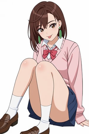 (masterpiece),(best quality), 

(closed mouth:1.1),  tongue out,  :p, akanbe,

skirt, school uniform, pleated skirt, shoes, socks, loafers, sweater vest, (pink sweater:1.5), shirt, white shirt, collared shirt, earrings, (green earrings:1.2), white stockings, blue skirt , (brown hair:1.2) brown eyes, big legs, sexy legs,