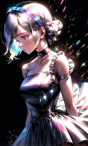 (masterpiece),(best quality), 

black background,  white hair,
1girl, solo, short hair, gloves, cleavage, bare shoulders,  upper body, hairband, choker, elbow gloves, blurry, black dress,  face detailed

dress hologram, bioluminescent liquid,Anime, hair holografic, hologram,
