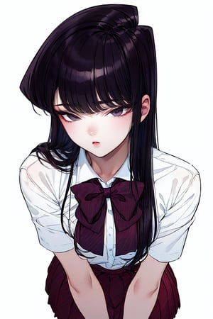 1 girl,solo, portrait, masterpiece, (absurdres, highres, ultra detailed, infrared photography, demon effect:1.1),LINEART, More Detail,

mishaguji, eldritch abomination,mucha art style,bzillust, komi_shouko,

komi shouko, 1girl, solo, long hair, black hair, purple hair, purple eyes, school uniform, white shirt, short sleeves, collared shirt, bowtie, red bow, striped bow, red skirt, shoes, black pantyhose, Standing with hands on the waist, perfect eyes, (portrait, upper body:1.4),
(sexy thigh:1.6), (complex_background, complicated_background:1.8)
