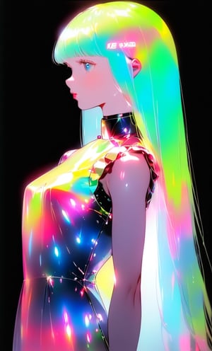 (masterpiece),(best quality), 

1girl, solo, long hair, looking at viewer, simple background, upper body, white hair, blunt bangs, lips, black background, 

dress hologram, bioluminescent liquid,Anime 