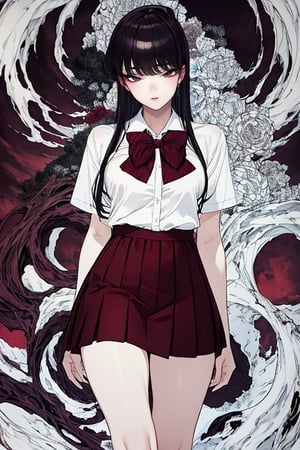  jigoku shoujo, (1girl:1.1),BREAK, 1 girl, portrait, masterpiece, (absurdres, highres, ultra detailed, infrared photography, demon effect:1.2),LINEART, More Detail,

mishaguji, eldritch abomination,mucha art style,bzillust, komi_shouko,

komi shouko, 1girl, solo, long hair, black hair, purple hair, purple eyes, school uniform, white shirt, short sleeves, collared shirt, bowtie, red bow, striped bow, red skirt, shoes, black pantyhose, Standing with hands on the waist, perfect eyes, (upper body:1.4),
(sexy thigh:1.6), 
